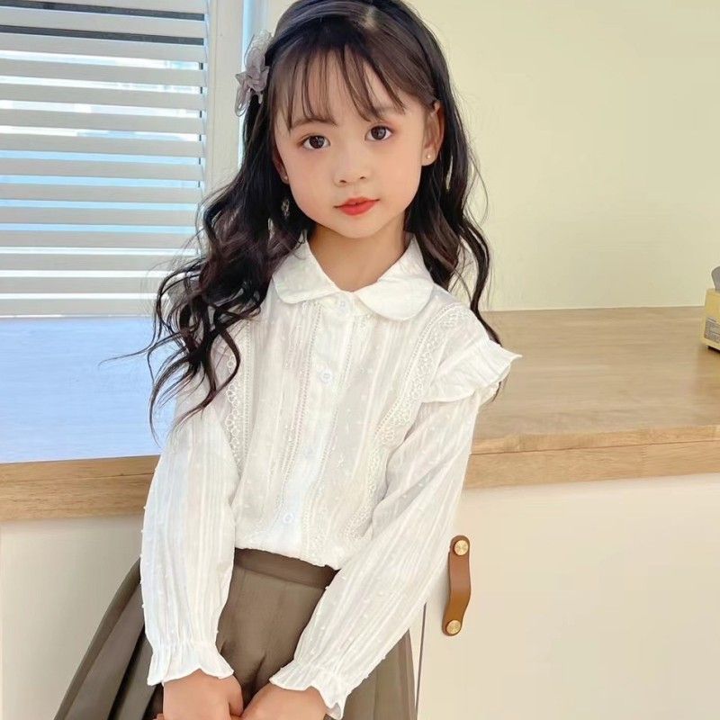女童衬衫长袖2025春夏新款儿童棉韩版上衣白色洋气花边紫色衬衣潮