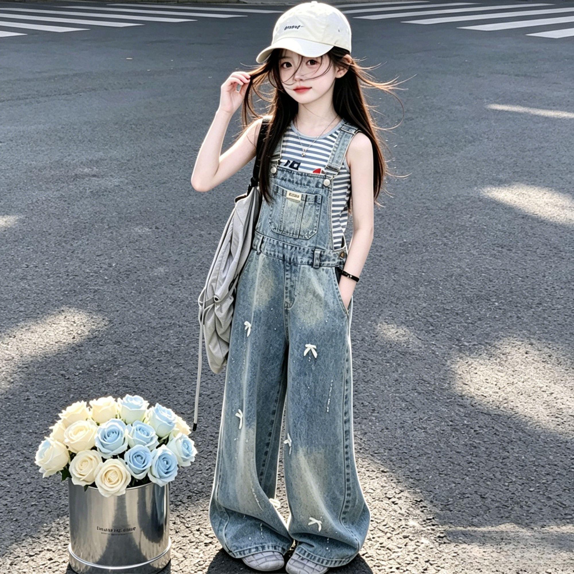 女童牛仔背带裤夏装烫钻蝴蝶结2026夏季新款阔腿裤长裤百搭洋气