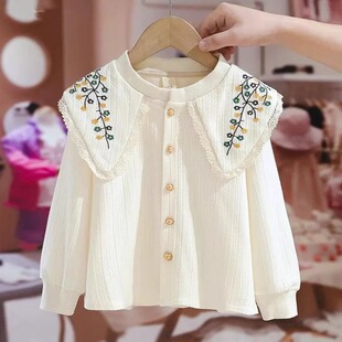 女童衬衫春秋装上衣娃娃领外套2025新款洋气时髦儿童中大童衬衣潮