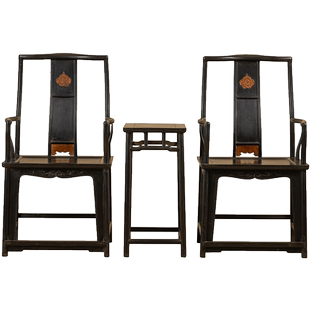 清代紫檀嵌黄杨木苍龙教子南官帽椅成套（两椅一几）小叶紫檀椅子