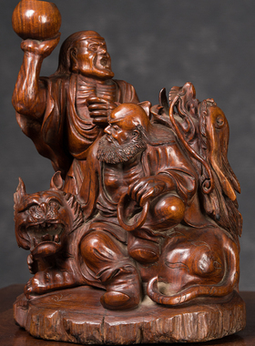 黄花梨木雕降龙伏虎罗汉摆