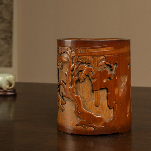 清代竹雕蕉荫仕女笔筒老物件古玩收藏竹制艺术品真品笔筒桌面摆件