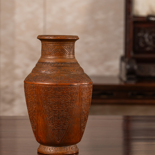 清代竹雕蕉叶兽面纹赏瓶老物件古董收藏中式桌面装饰摆件竹雕花瓶