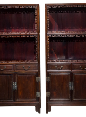 清代红木透雕拐子纹圈口双层亮格柜（一对）明清家具书架书柜