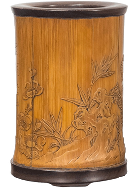 清代竹雕梅兰竹菊笔筒（红木口底）文玩古董收藏竹制艺术品摆件