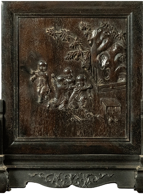 紫檀木雕庭院婴戏图诗文插屏