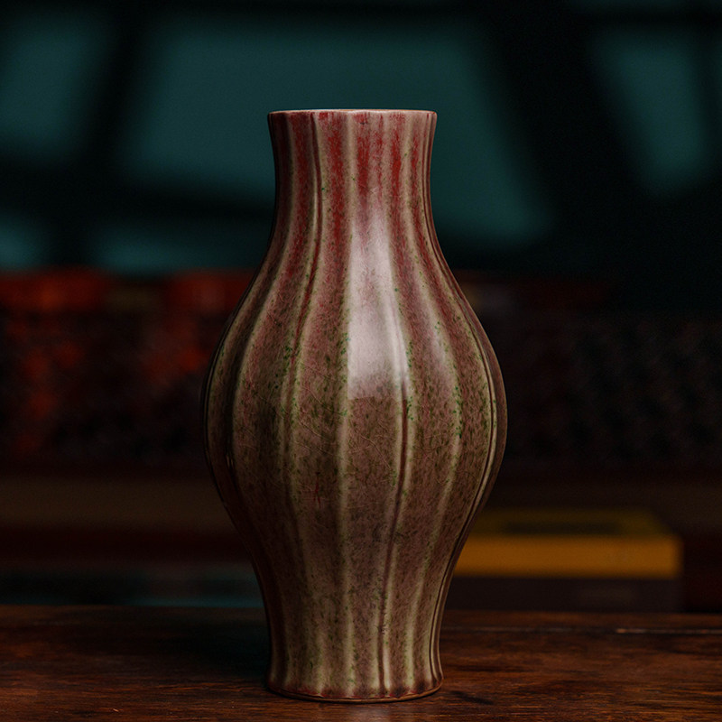 清代钧釉瓜棱形橄榄瓶老物件文玩古董收藏瓷器艺术品摆件收藏真品