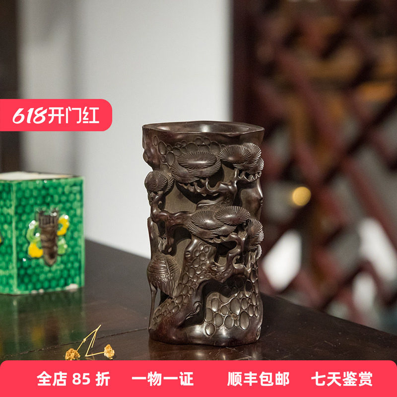 清代 紫檀木透雕松鹤延年笔筒文玩古董收藏文房雅器小叶紫檀笔筒