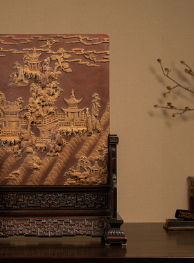 红木边座祁阳石屏芯海屋添筹插屏