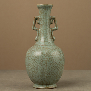 清代哥釉双耳瓜棱瓶老物件文玩古董瓷器收藏客厅中式 饰摆件 花瓶装