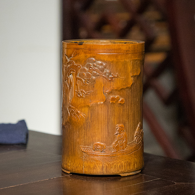 清代 竹雕泛舟图人物笔筒老物件文玩古董收藏竹制艺术品笔筒摆件