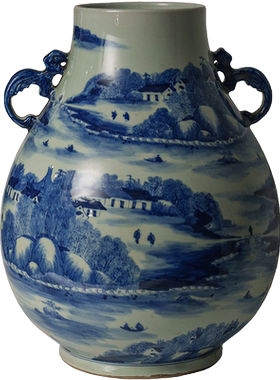 清代青花山水人物牛首尊