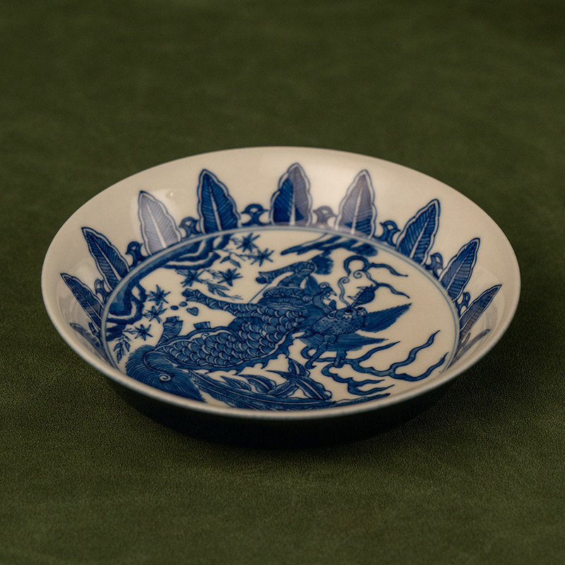 清代 青花麒麟纹折腰盘文玩古董收藏青花瓷器艺术品真品中式摆件