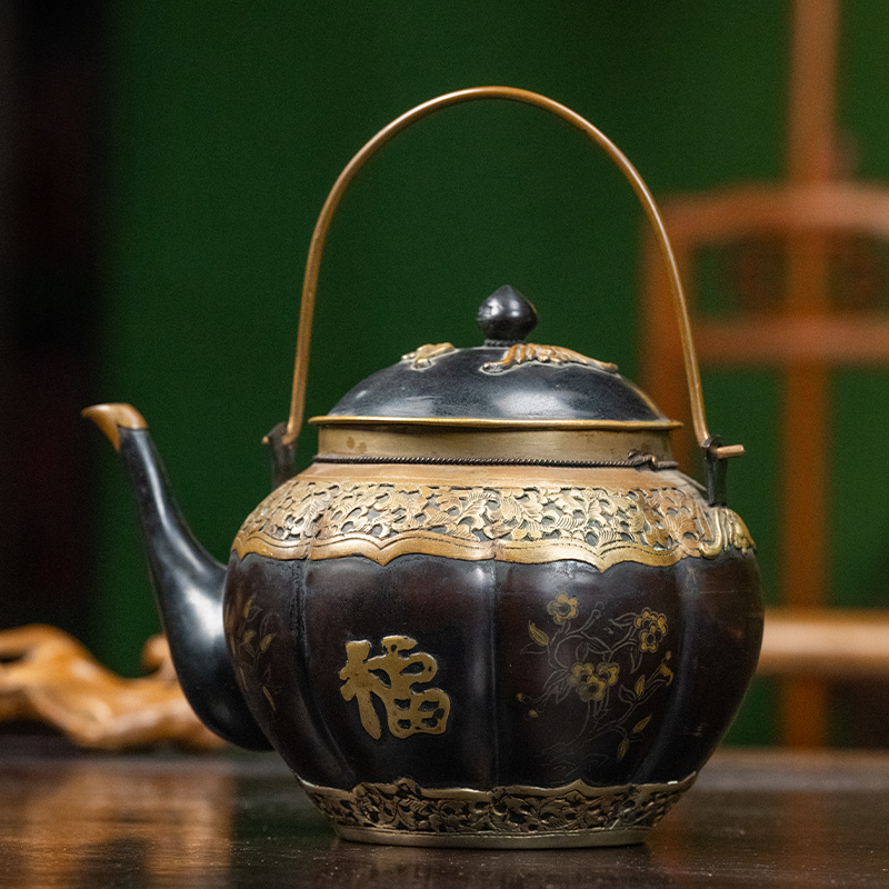 清代乌铜走金走银福禄卷草纹提梁壶古玩收藏真品中式艺术品摆件