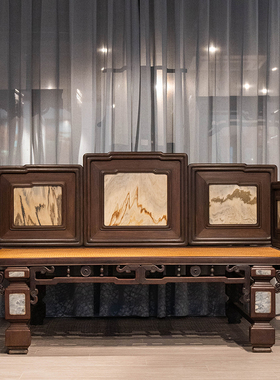 清代红木镶云石七屏风式罗汉床