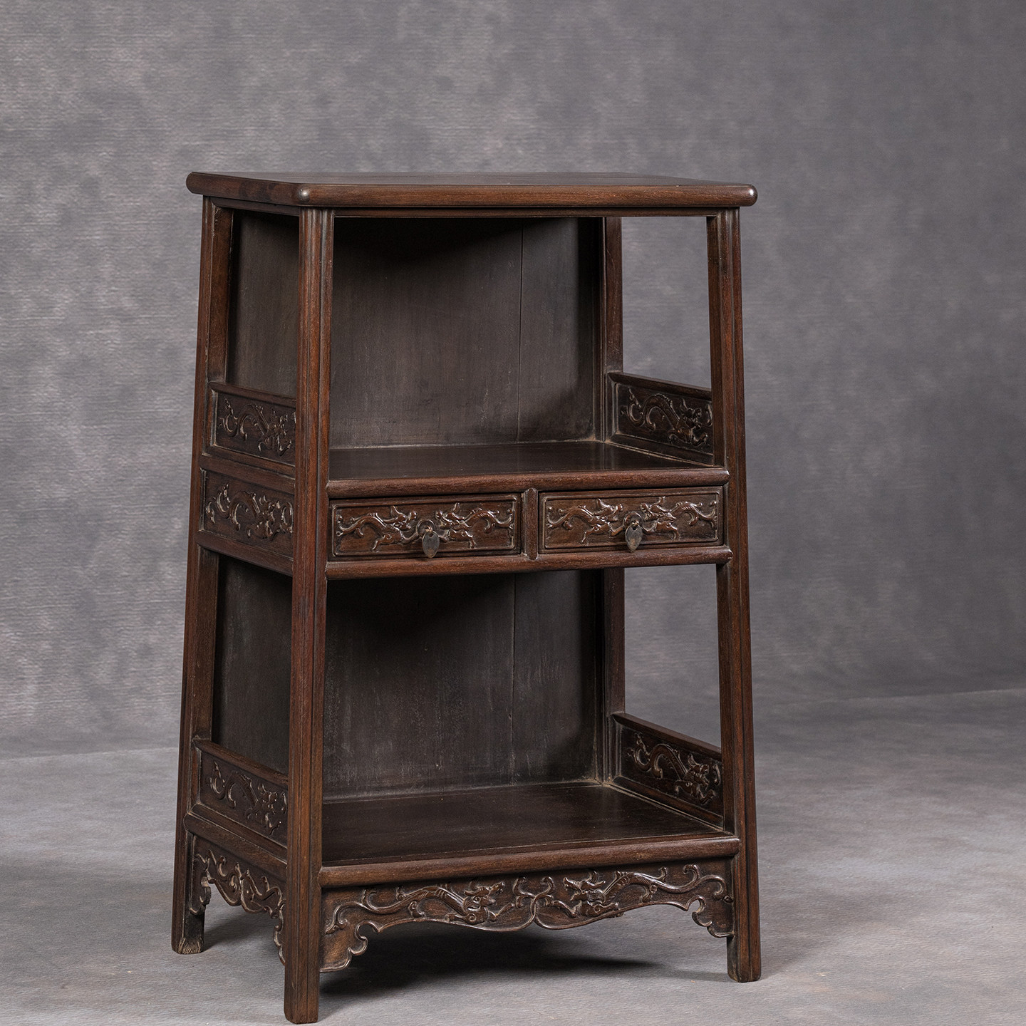 清代紫檀螭龙纹双层带屉架格明清家具古董收藏小叶紫檀书架茶台