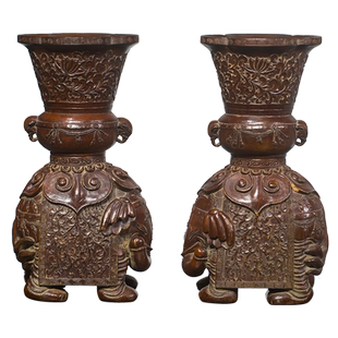 清代竹雕太平有象摆件（一对）老物件古玩收藏竹制艺术品中式摆件