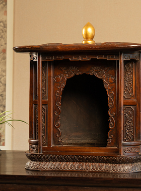 红木荷叶顶莲花纹佛龛摆件