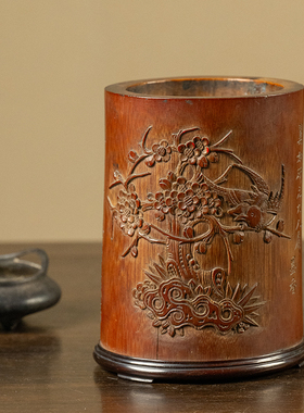竹雕花鸟诗文笔筒文房雅器