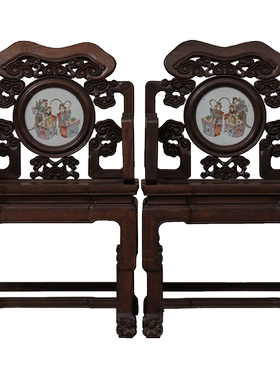 红木透雕灵芝纹嵌粉彩瓷板扶手椅