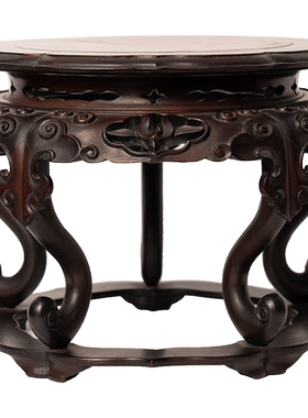 清代红木镶瘿木面云纹三弯腿五足带托泥花口器座老物件红木底座