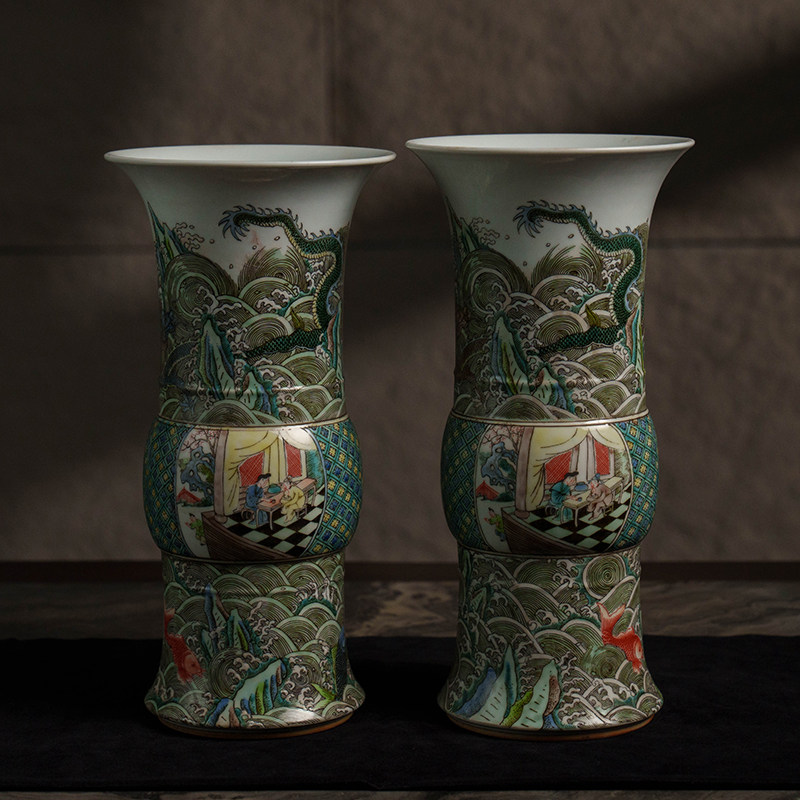 清代五彩鱼跃龙门花觚（一对）文玩古董瓷器收藏客厅中堂摆件花瓶