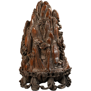 清代竹雕山水人物山子摆件（红木座）文玩古董收藏竹雕艺术品摆件