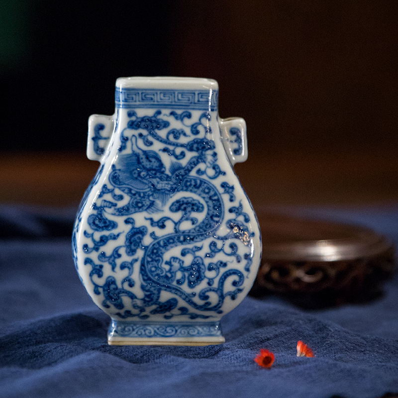 清代青花龙纹贯耳瓶文玩古董x收藏青花瓷器艺术品真品中式装饰摆