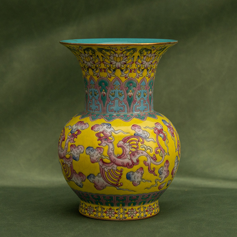 清代粉彩凤纹渣斗老物件文玩古董收藏真品办公室瓷器艺术品摆件