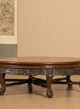 红木镶瘿木三弯腿五足龙纹大炕桌