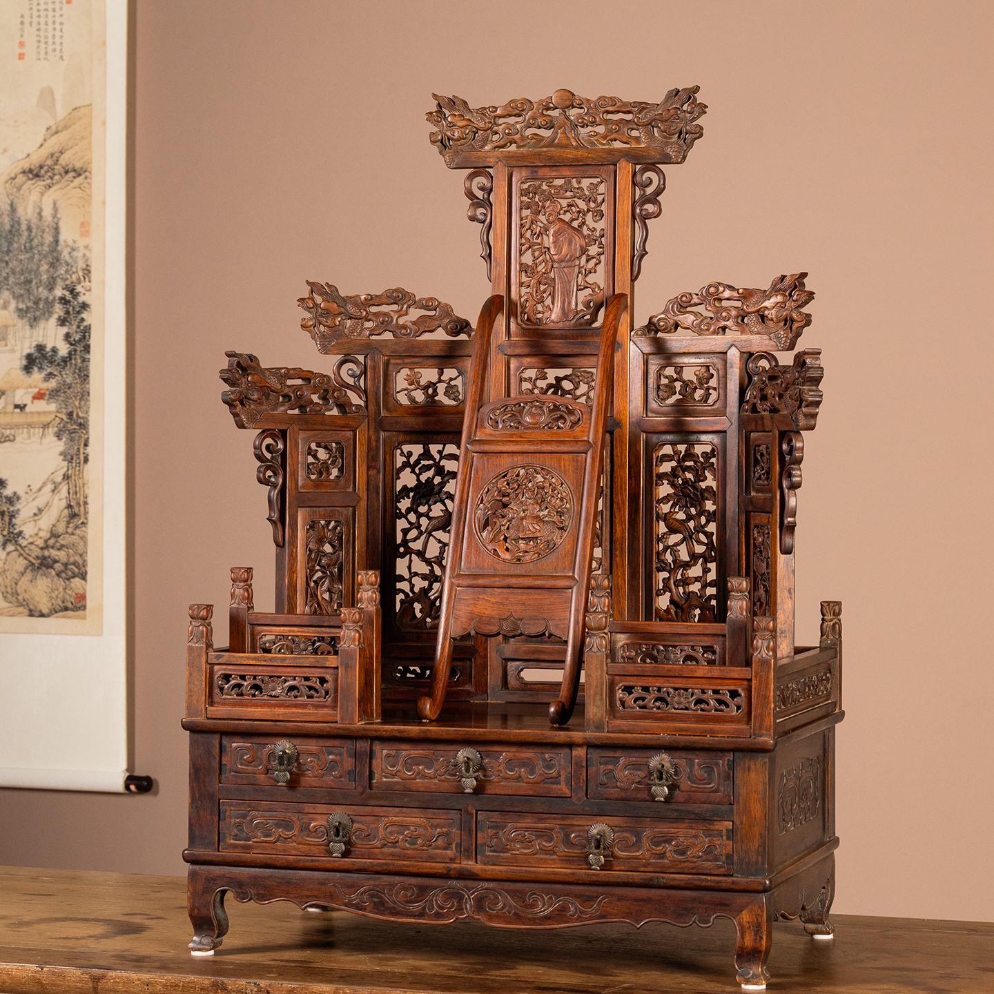 清中期黄花梨指日高升五屏风式镜台古董艺术品收藏海南黄花梨镜架