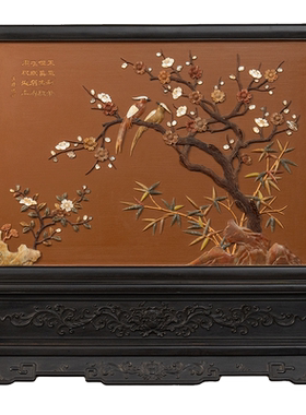 红木镶漆地百宝嵌花鸟纹插屏