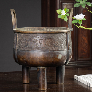 清代 铜冲天耳三足云雷纹鼎式大香炉古董收藏真品铜香炉祝福摆件