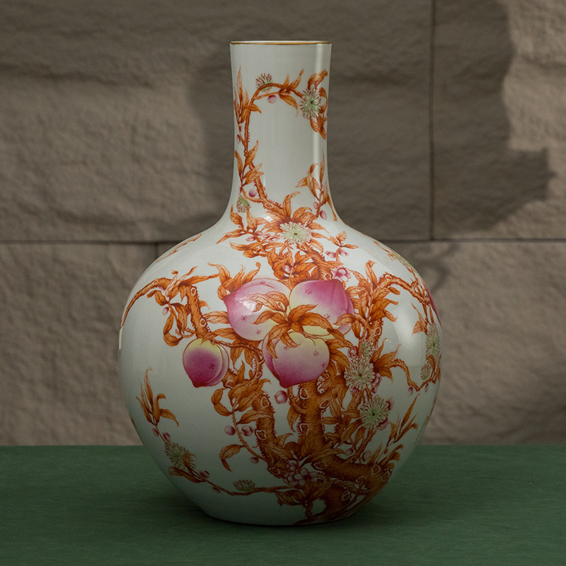 清代 矾红彩福寿纹天球瓶文玩古董瓷器艺术品摆件