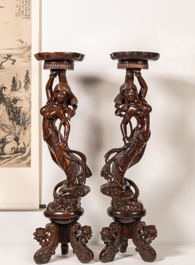 红木雕仕女落地灯台摆件