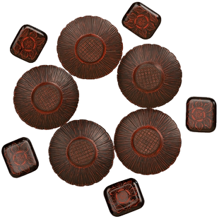 朱漆葵花形杯托及方形茶点盘成套(五客十件)茶具摆件