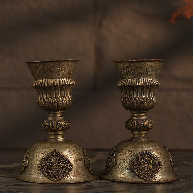 清代 铜錾花八吉祥灯台(一对)文玩古董收藏客厅办公室中式摆件