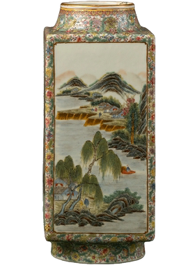 粉彩花卉纹底山水开窗琮式瓶