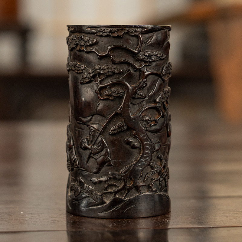 小叶紫檀木雕渔樵耕读笔筒