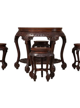 红木镶瘿木雕花果纹双拼圆桌