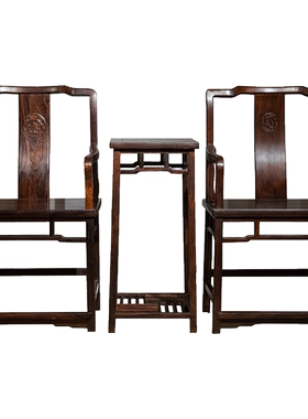 二十世纪紫檀螭龙纹方材南官帽椅成套（两椅一几）小叶紫檀家具