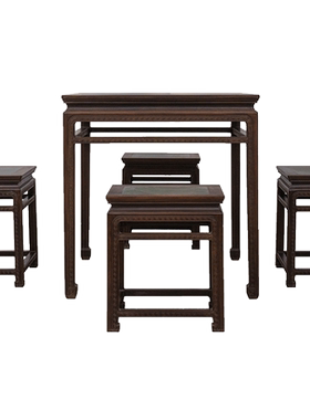 红木镶绿石雕回纹方桌方凳成套