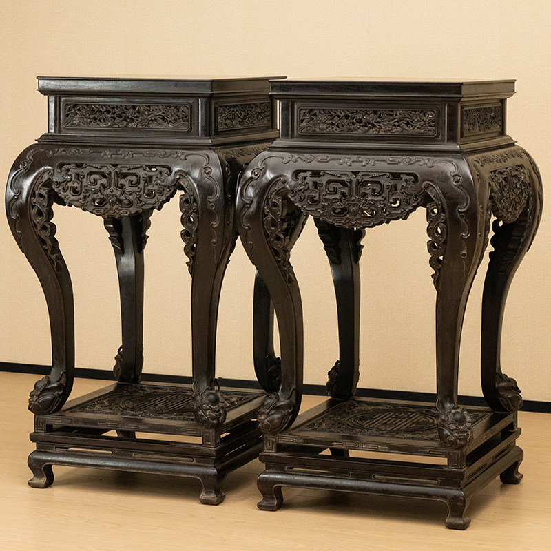 清代小叶紫檀透雕夔龙纹高束腰三弯腿带托泥大香几（一对）古董,家居饰品,装饰摆件,淘宝优惠券,粉丝福利购,淘宝优惠卷