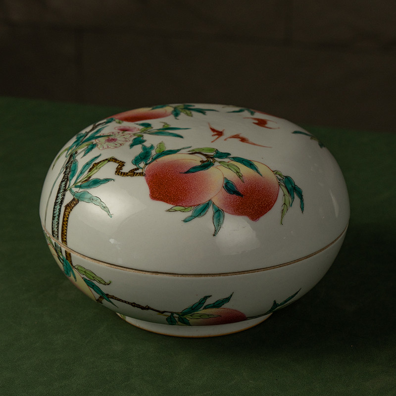 清代粉彩福寿纹圆形盖盒老物件文玩古董瓷器收藏真品文房盒摆件