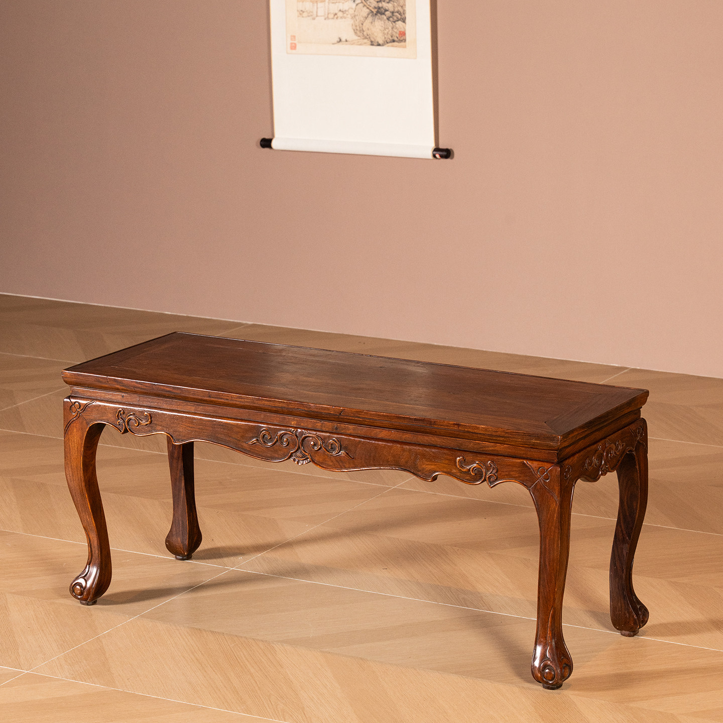 清早期 黄花梨束腰三弯腿拦水线独板炕几古董家具海南黄花梨茶几