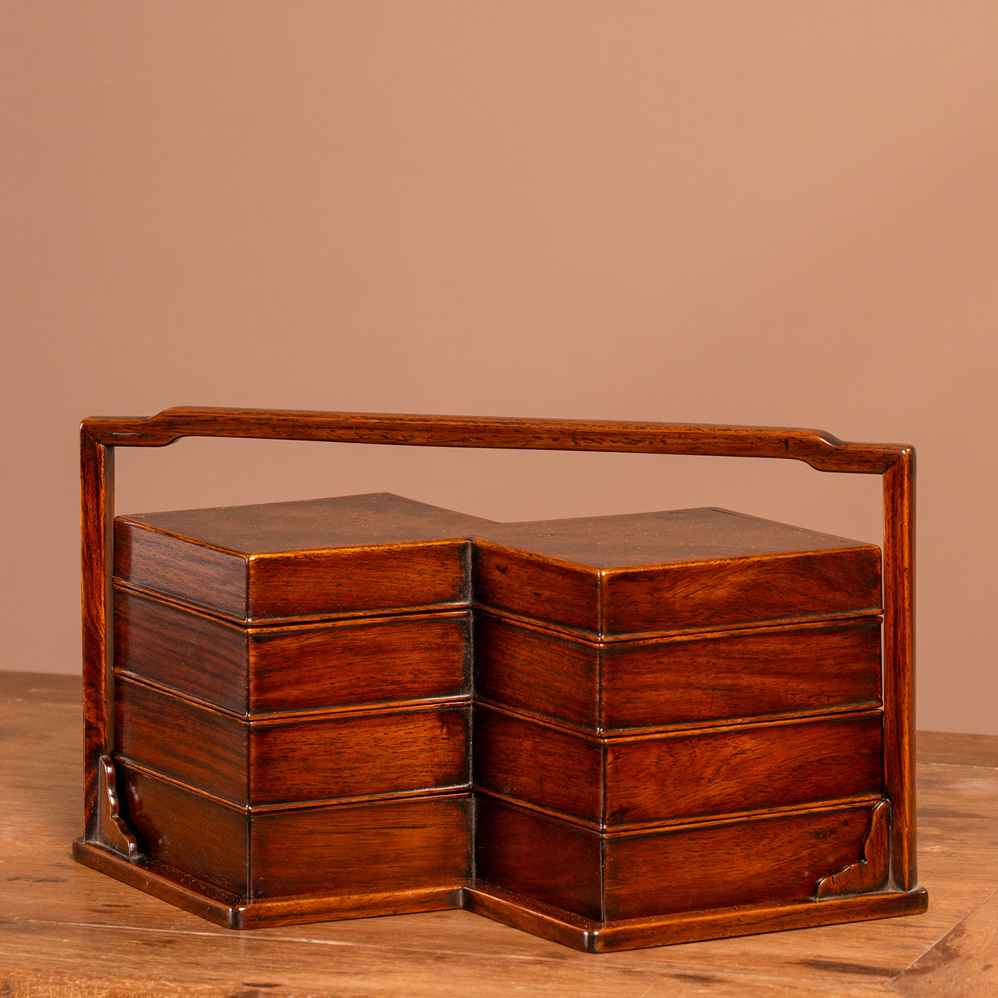 清代黄花梨镶瘿木方胜形三撞提梁盒文玩古董收藏海南黄花梨文房盒