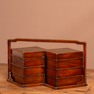 清代黄花梨镶瘿木方胜形三撞提梁盒文玩古董收藏海南黄花梨文房盒