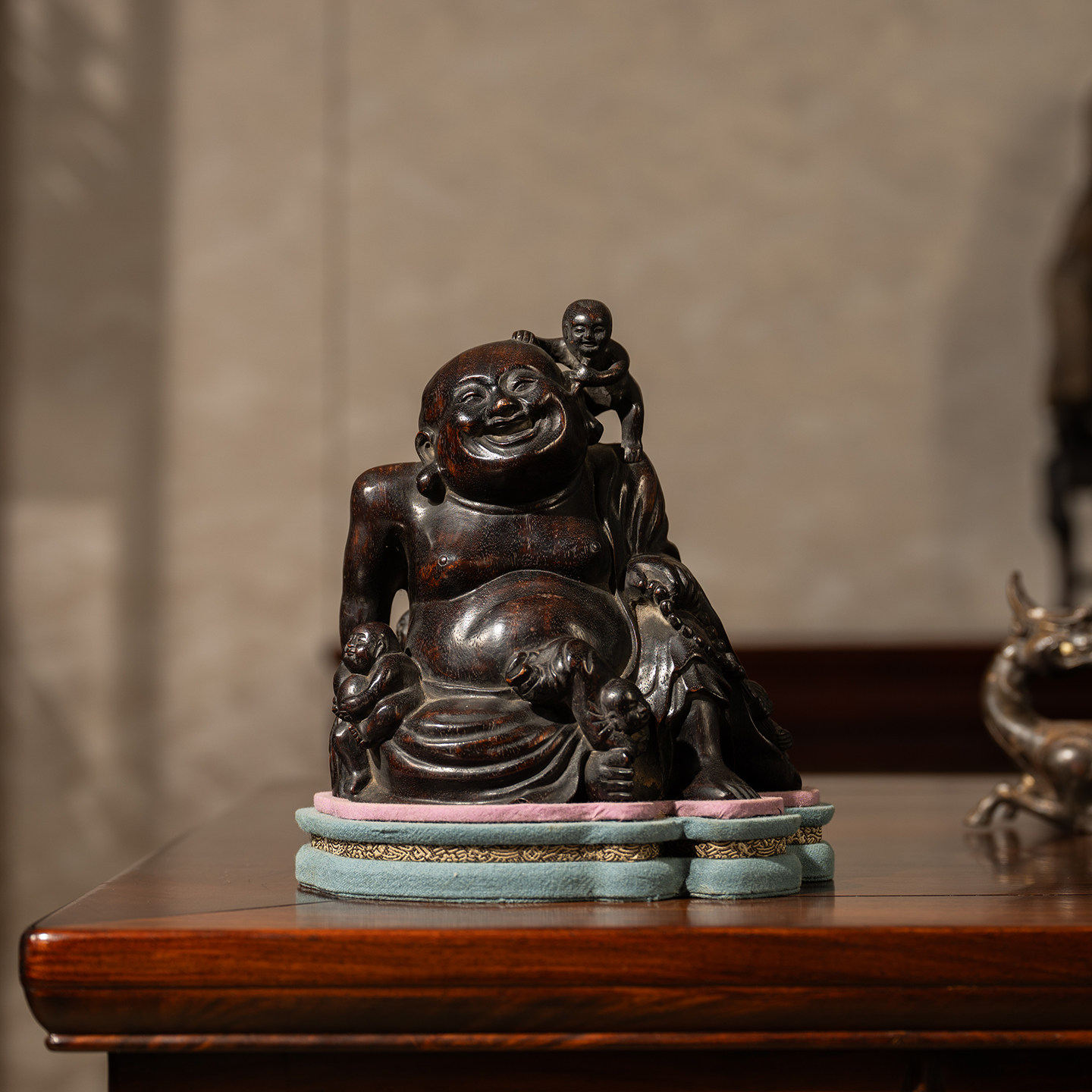 清代 紫檀木雕五子登科童子戏弥勒摆件古董收藏小叶紫檀弥勒笑佛