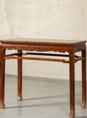 黄花梨镶绿石马蹄腿半桌