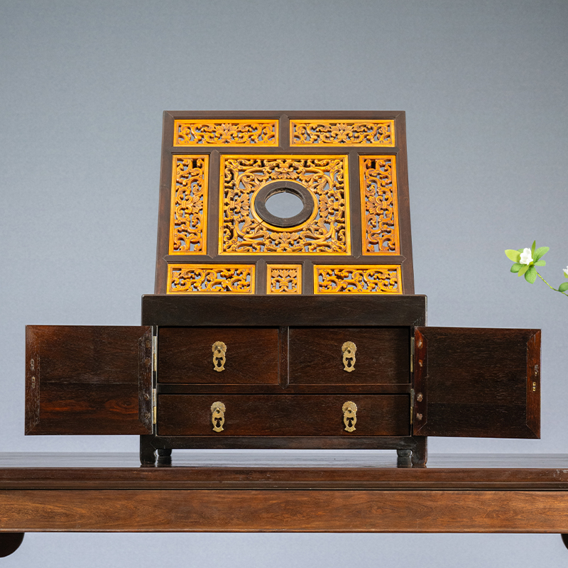 清早期紫檀嵌黄杨木透雕卷草纹镜箱古董摆件收藏真品小叶紫檀镜架